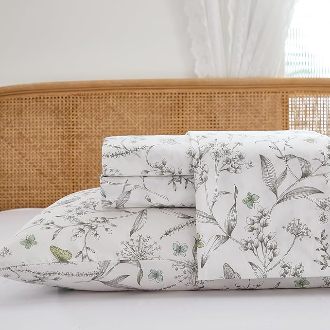 100% Cotton Sheet Set King Size – 4-Piece Chic White Floral Bedding Set, Soft Breathable Percale Weave, Deep Pocket Fitted Sheet 17.5", Crisp Cool Feel, Refined Botanical Elegance