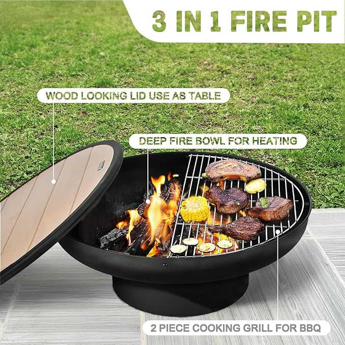 Panovue 32in Fire Pit Table with Lid,Heavy Duty and Deep Fire Bowl,Outdoor Wood Burning BBQ Grill Firepit Bowl with Cover Lid, Fire Pit for Outside Table for Backyard Bonfire Patio Picnic