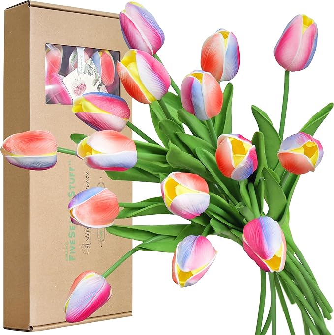 FiveSeasonStuff Real Touch Pastel Rainbow Gradient Tulips – 15 Stems Artificial Flowers with Multicolor Petals for Bouquets, Centerpieces, Home Decor, Spring & All-Season Arrangements