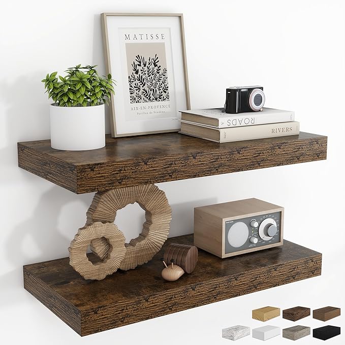RICHFOCUS 20Inch Floating Shelves for Wall 2 Pack Shelves for Bedroom|Kitchen|Bathroom|Laundry Room Rustic Wood Wall Mounted Shelf with Invisible Brackets for Books|Storage|Decor, Rustic Brown