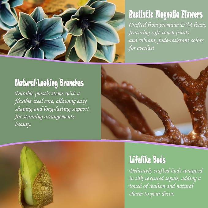 3pcs Artificial Magnolia Flower Branches, 31 Inch Long Stem Faux Floral, Premium Faux Bloom for Home Decor, Centerpieces, and Wedding Arrangements, Blue
