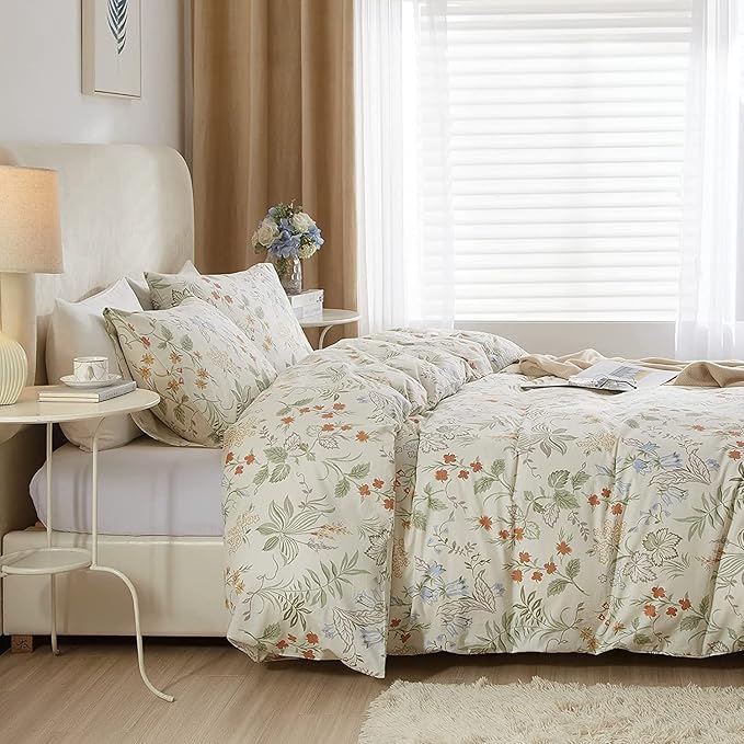 HighBuy Floral Comforter Set Queen Vintage Bedding Comforter Set Queen Boho Green Floral Bedding Set 3 Piece Bed Set for Girl Comfy Floral Comforters with 2 Pillowcases,Lightweight Comforter Sets