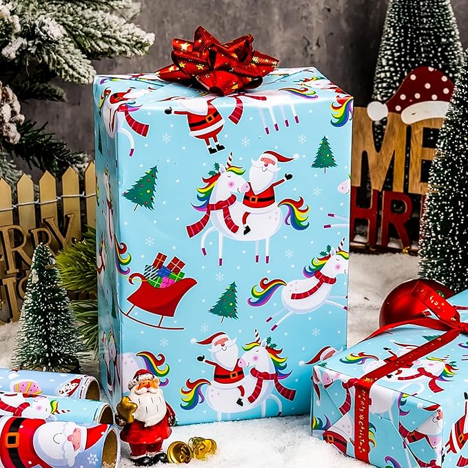 MAYPLUSS Christmas Gift Wrapping Paper - 17In x 120In Per Roll - Magic Fairytale Santa Claus and Unicorn, Santa Reindeer, Candy Christmas Winter Holiday Gift Wrap Paper for Housewarming, Party