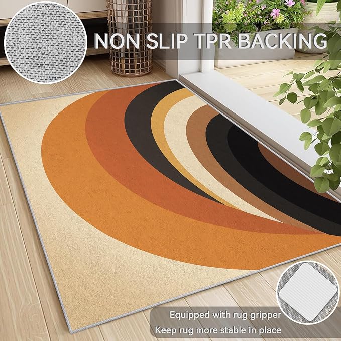 Mid Century Modern Area Rug 3x4, Washable Non-Slip Low Pile Retro Rainbow Rug for Living Room Bedroom Home Office, Abstract Boho Carpet in Terracotta Camel Cream and Black