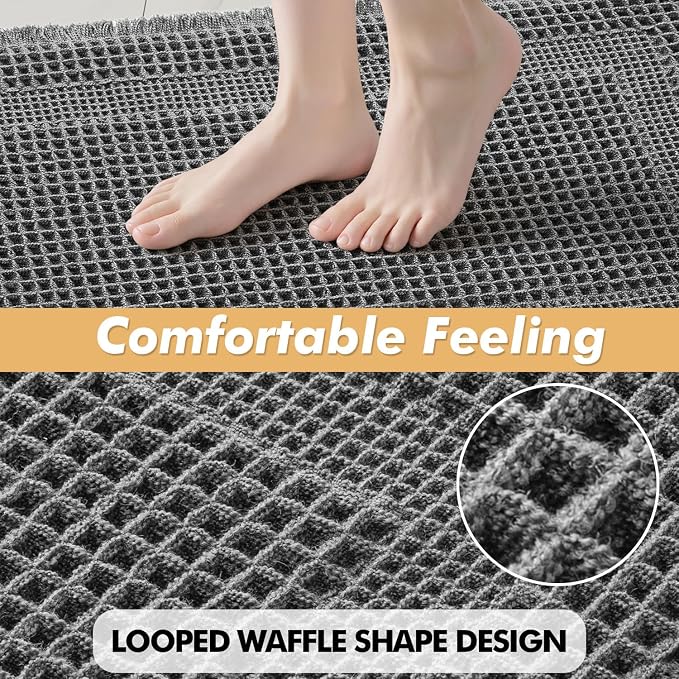 MIULEE Set of 2 Waffle Bathroom Rugs, Boho Bath Rug Super Absorbent, Non Slip Washable Ultra Soft Rubber Backed Shower Bath Mats for Floor, Tub, Shower, Looped Design, Dark Grey, 17"x24"+18"x30"