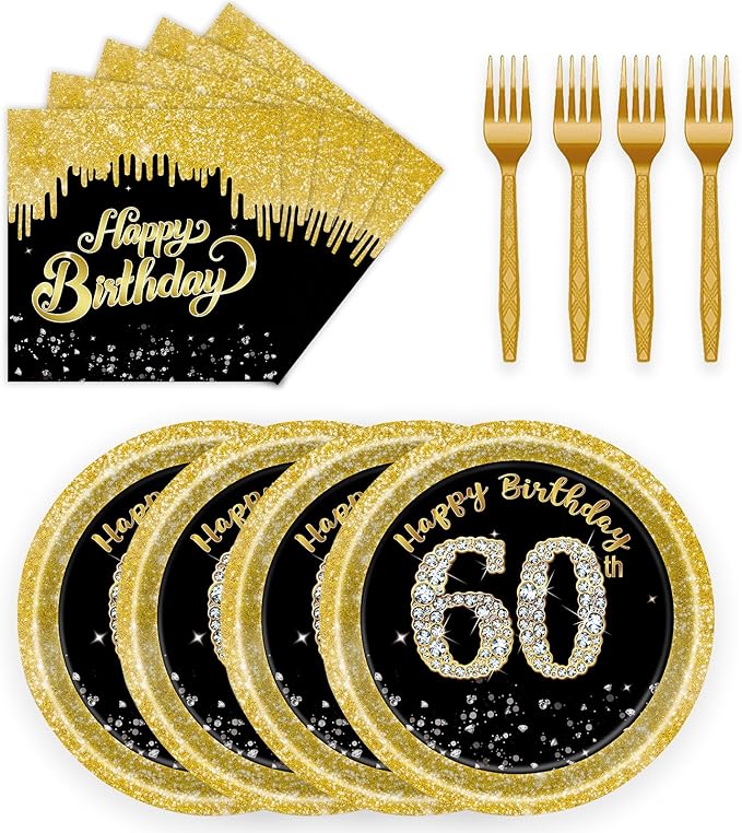 72 Pcs 60th Birthday Paper Plates and Napkins Party Supplies, Back Gold 60th Birthday Party Plates and Napkins Tableware Set for Men Women Cheers to 60 Years Decorations Serves 24
