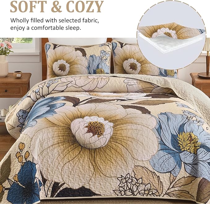 Dintszyayue Khaki Quilt Set Queen,3 Pieces Beige Floral Bedspreads Lightweight Coverlet Set for All Seasons, Reversible Quilted Printed Bedding Set with 2 Pillow Shams