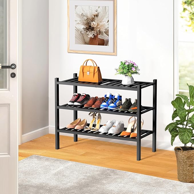 RONGJlA 3 Tier Bamboo Shoe Rack for Closet Free Standing Wood Shoe Shelf Storage Organizer for Entryway Small Space Stackable, Black