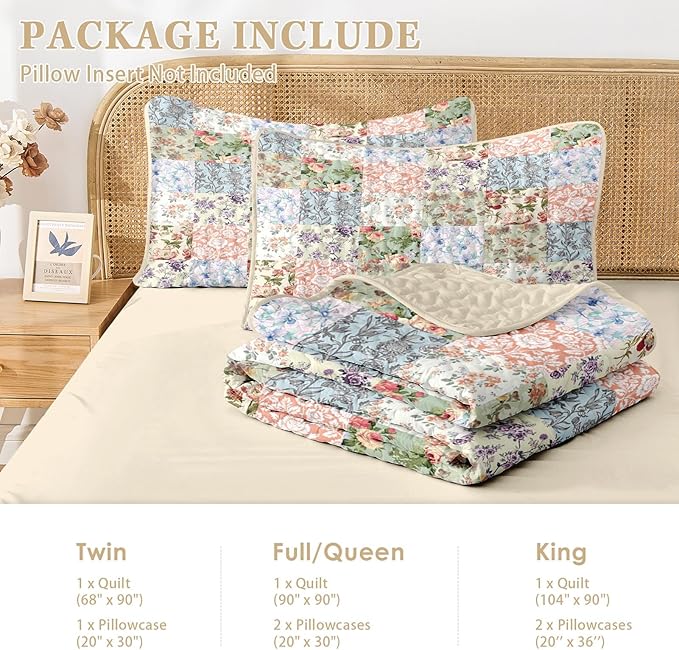 Quilt Set Full/Queen Size, Vintage Patchwork Floral 3 Pcs Soft Bed Cover Bedding Set, Boho Mid Century Lightweight Bedspread Coverlet with 2 Pillow Sham for All Season