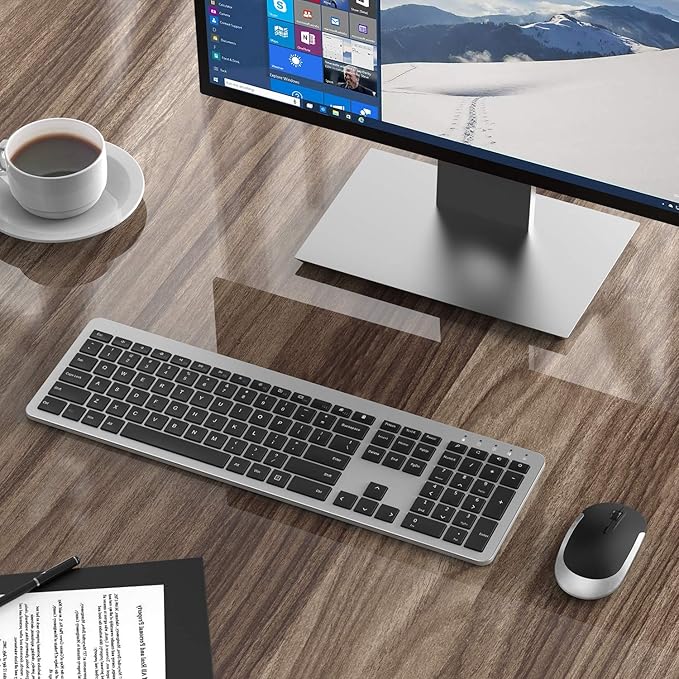 seenda Wireless Keyboard and Mouse Combo Full Size Slim Thin Wireless Keyboard Mouse with On/Off Switch on Both Keyboard and Mouse - (Black and Silver)