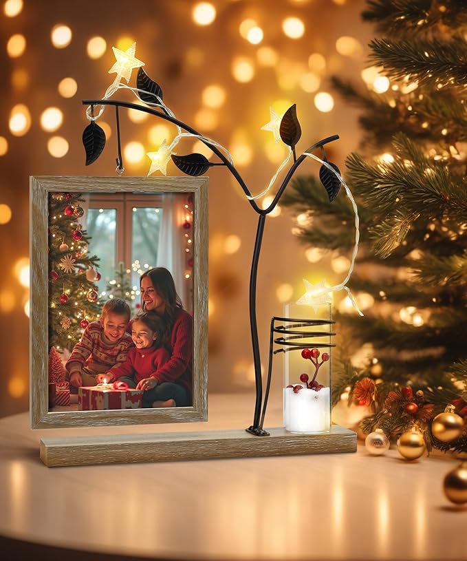Afuly 5x7 Picture Frame with Glass Vase for Plants Flowers, Desk Picture Frames Floating Photo Frame for Office Home Decor, Unique Anniversary Mothers's Day Gifts for Grandma Mom, Light Brown