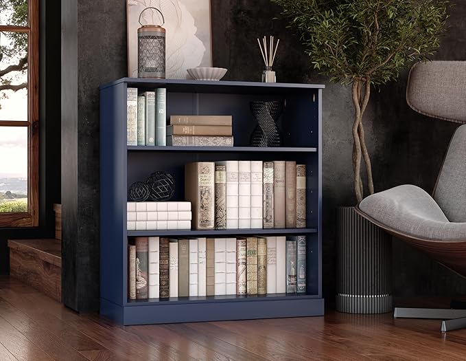 Palace Imports Solid Wood Bookcase - 3-Tier Floor Standing Bookshelf - 36" Short Storage Shelf, 32” W - Navy Blue, Display Furniture for Room, Renewable 100% Eco-Friendly Wood, Made in Brazil