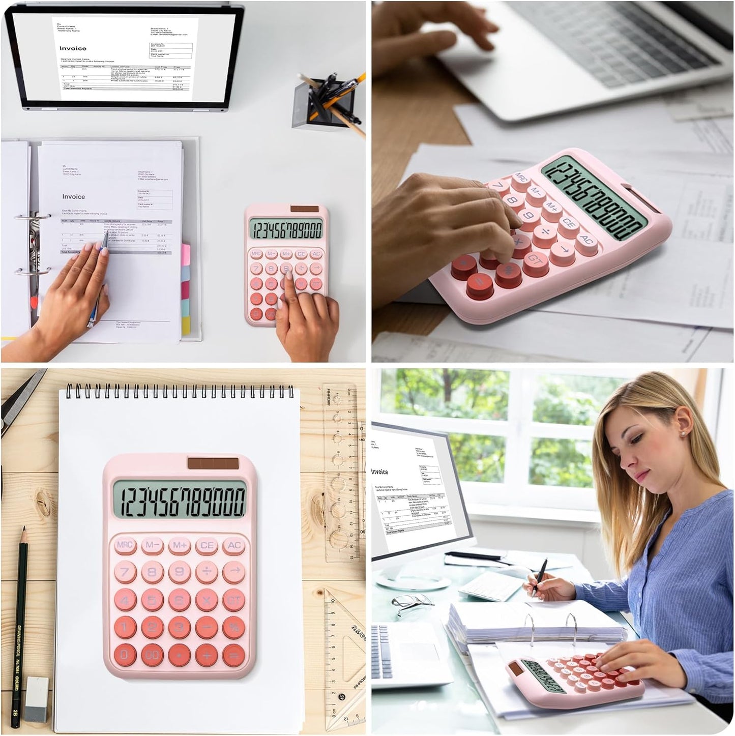 Skiennix Desk Calculator - 12 Digits, Large LCD Display, Solar & Battery Power | Ombre Pink