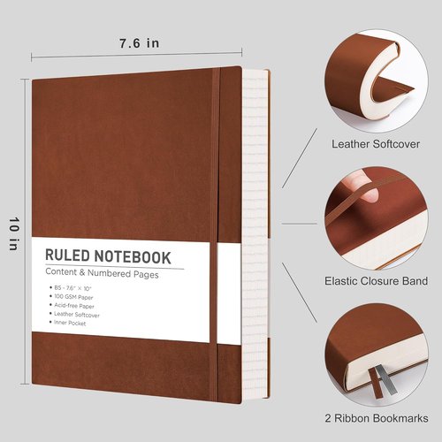 RETTACY Lined Journal Notebook - 2-Pack B5 Medium 7.6" × 10" | Leather Softcover, 204 Numbered Pages, 100 GSM Thick Paper (Black & Brown)