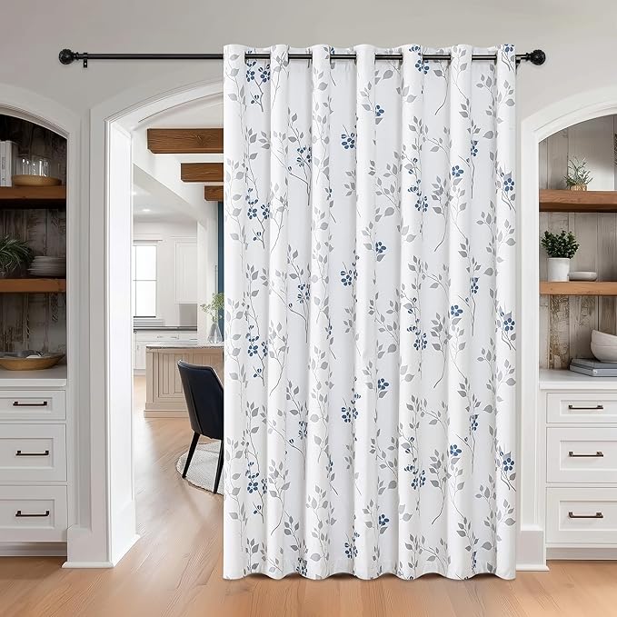 Beauoop Floral 100% Blackout Curtains 84 Inch Length 1 Panel for Patio Sliding Door Extra Wide Blue Grey Flower Patterned Divider Room Darkening Thermal Soundproof Grommet Window Drapes,100x84, 1 Set