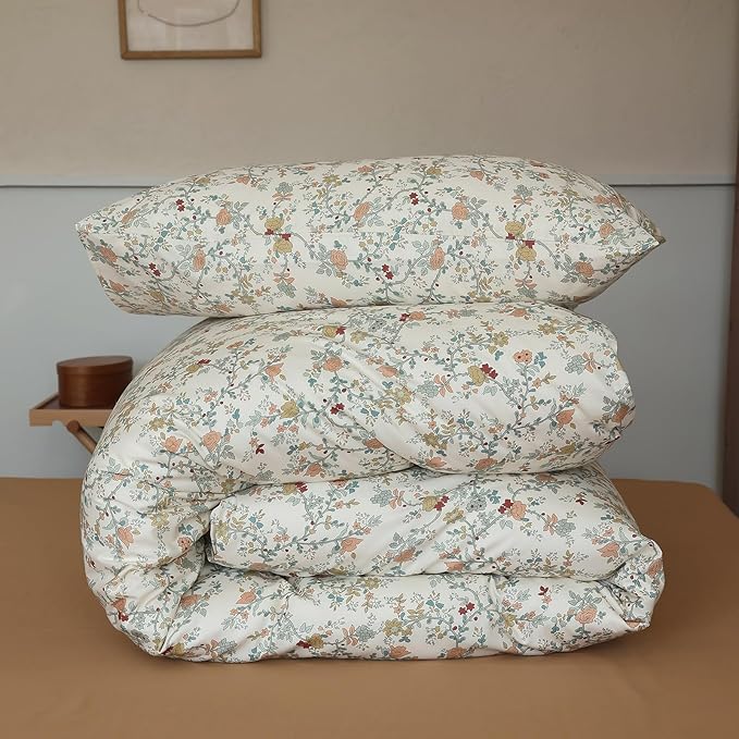 EAVD Vintage Style Botanical Floral Duvet Cover Full Soft Cotton Chic Floral Tree Branches Pattern Bedding Set with 2 Pillowcases Fresh Botanical Duuvet Covet with Zipper Closure