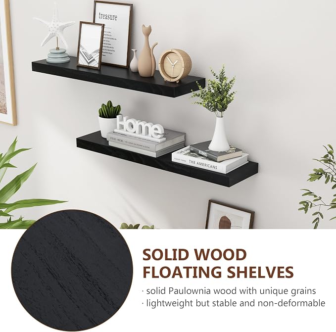 fuqing 30 Inch Floating Shelves for Wall, Black Wood Floating Shelves Set of 2, 30 Inch Wide x 6.7 Inch Deep Wooden Shelves for Living Room Bedroom Bathroom Home Office
