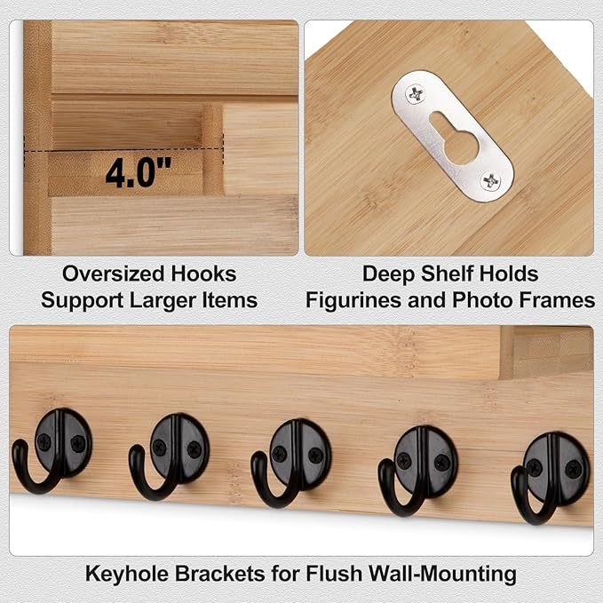 Lwenki Key Holder Wall Mount, Entryway Key and Mail Holder with 7 Sturdy Hooks for Sunglasses, Dog Leash, Decorative Wall Shelf with Mounting Hardware, 15”W x 6.7”H x 4.2”D