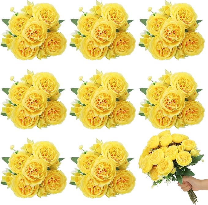 8 Pack Yellow Peonies Artificial Flowers, Fake Silk Hydrangea Bouquet for Bridal Wedding Home Table Decor Reusable Dining Opening Ceremony Birthday Arrangement Faux Floral