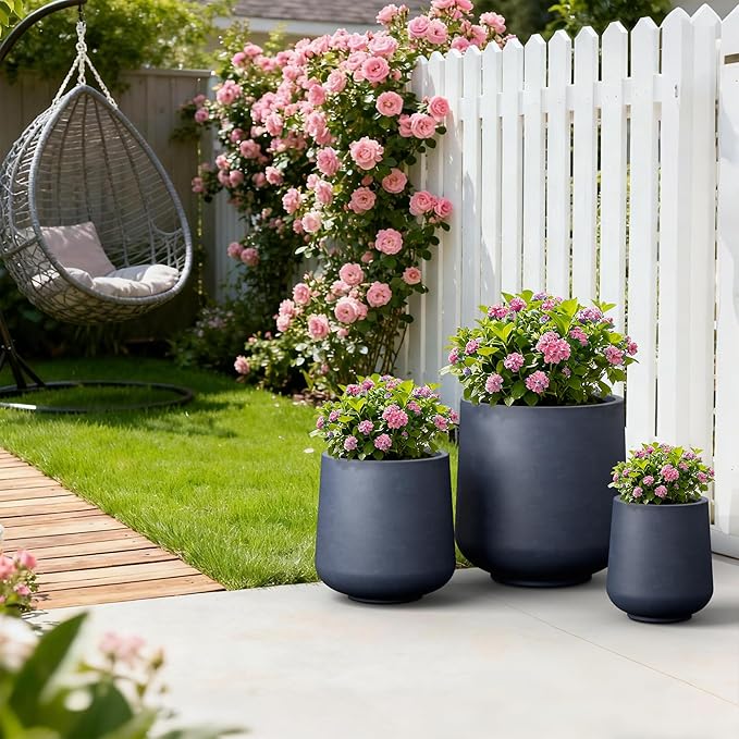 Kante 15.3"+11.6"+8.2" Dia Round Concrete Planter, Large Outdoor Indoor Planter Pots Containers with Drainage Holes and Rubber Plug for Home Garden Patio, Charcoal