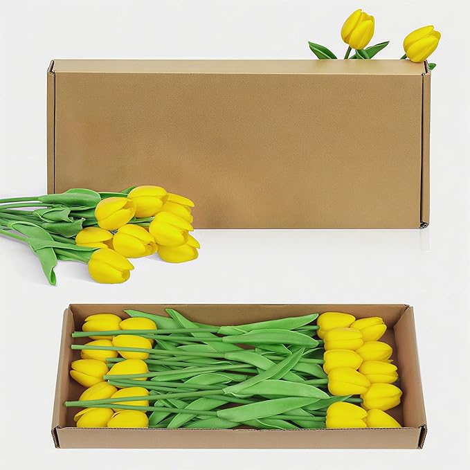 20Pcs Fake Tulips Artificial Flowers Faux Tulips Real Touch PU 13" Yellow Tulip Bouquet for Home Kitchen Decor Home Party Office Decorations