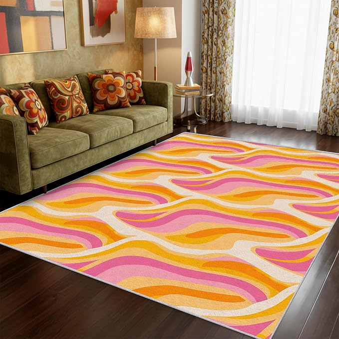70s Retro Rug 5x7 Colorful Zebra Striped Groovy Pattern Area Rugs for Living Room, Bedroom, 70s Retro Home Decor Accessories Indoor Carpet, Non Slip & Machine Washable, GD0346
