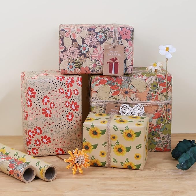 Aimyoo Kraft Floral Wrapping Paper Bundle, Vintage Sunflower Flower Gift Wrap Paper for Wedding Bridal Shower Birthday Rolls of 4, 17 in x 16 ft per Roll