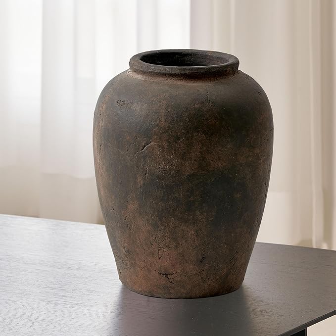 LB2 Brown Ceramic Large Vase, 11" Tall Zen Style vase, Terra Cotta Pitcher, Distressed Farmhouse Decor, Pottery Decorative Flower for Home Decor (A - Brown 11.8")