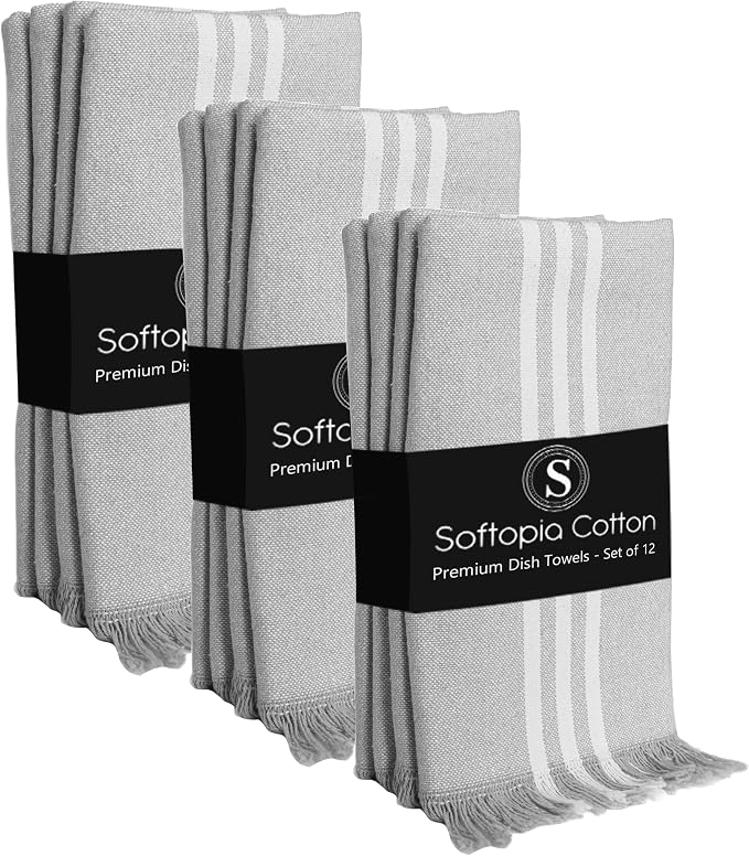 Prewashed Stripe Kitchen Towels 12 Pack, 100% Cotton Tea Towels, 16"x26" Quick Dry Dish Cloths for Drying, Reusable Wash Cloths for Cleaning, Absorbent and Washable - Light Grey