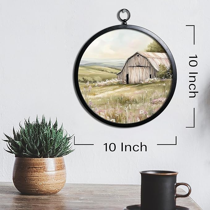XIAOAIKA Vintage Wall Art with Metal Frame, Round Canvas Print Featuring Barn Country Field Scene, Boho Wall Decor for Living Room, Bedroom, Kitchen, Hallway, 10 Inch
