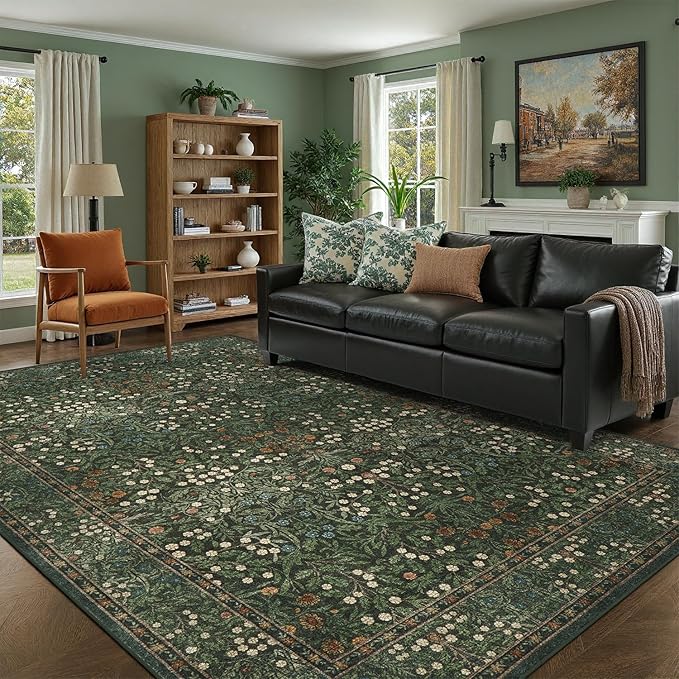 DCX Green 8x10 Area Rugs, Machine Washable Non Slip Stain Resistant Soft Vintage Floral Rug, for Living Room, Bedroom, Playroom, Soft Low Pile Large Carpet