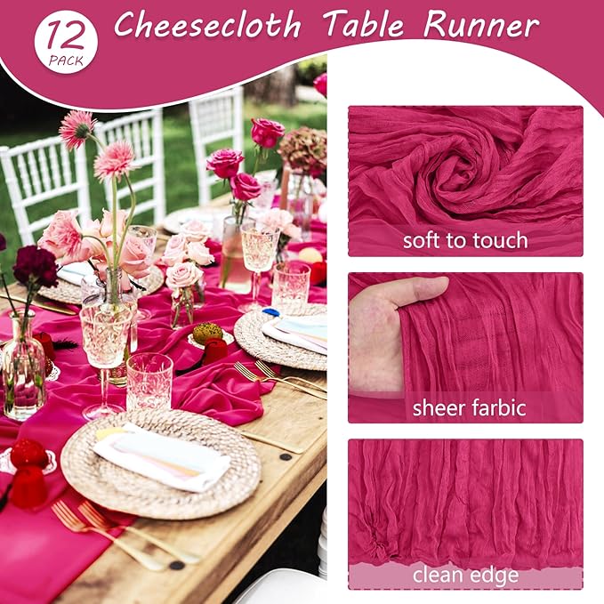 12 Pack Boho Gauze Table Runner - 35x120 Inch Rustic Cheese Cloth Long Runner for Wedding, Bridal Shower, Birthday Party Decor (Hot Pink)