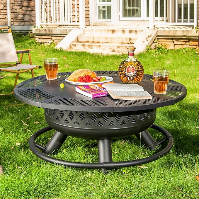 Panovue 36 Inch Fire Pit with Grill,Wood Burning Fire Pits for Outside with Lid& Fire Poker,Round Metal Firepit Table 3 in 1 with Cooking Grate,Outdoor Firepits for Yard Patio Bonfire Camping(Black)