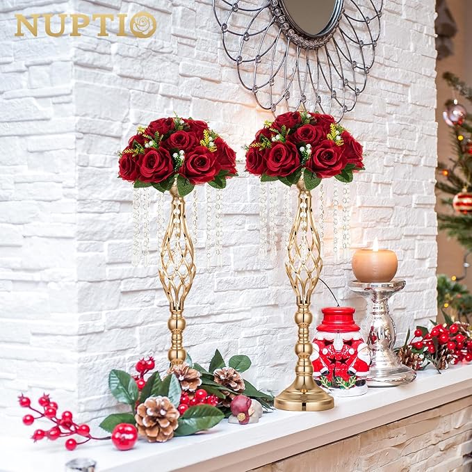 NUPTIO Flower Wedding Centrepieces for Tables - 6 Pcs 9.5in Diameter Crimson Artificial Flowers Rose Ball for Centerpieces Table - Fake Rose Arrangements for Weddings Birthday Party Decor