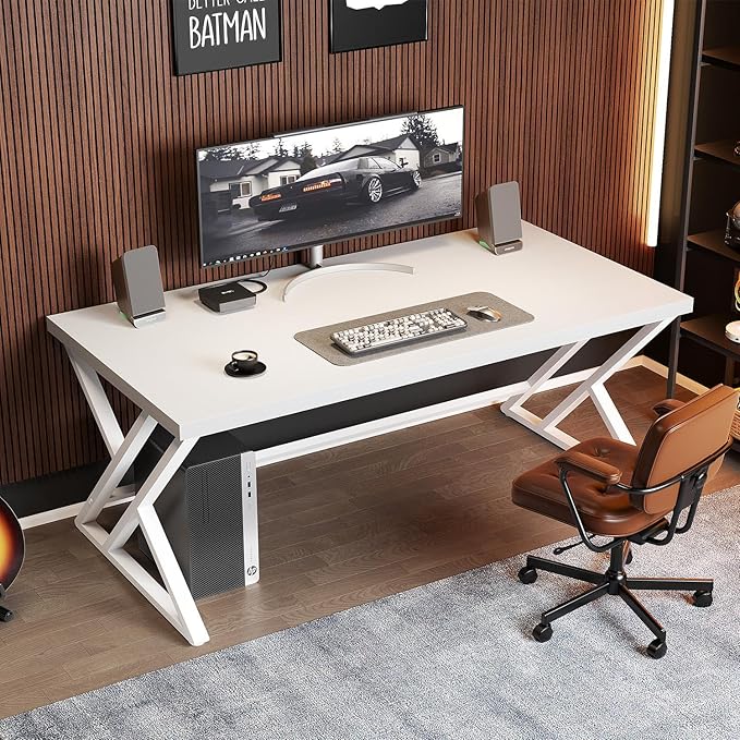 LVB Modern White Computer Desk, Long Industrial Home Office Desk for Student, Large Metal Wood Writing Study Work Desk, Farmhouse Executive Gaming Computer Table for Bedroom Living Room, White, 60 in