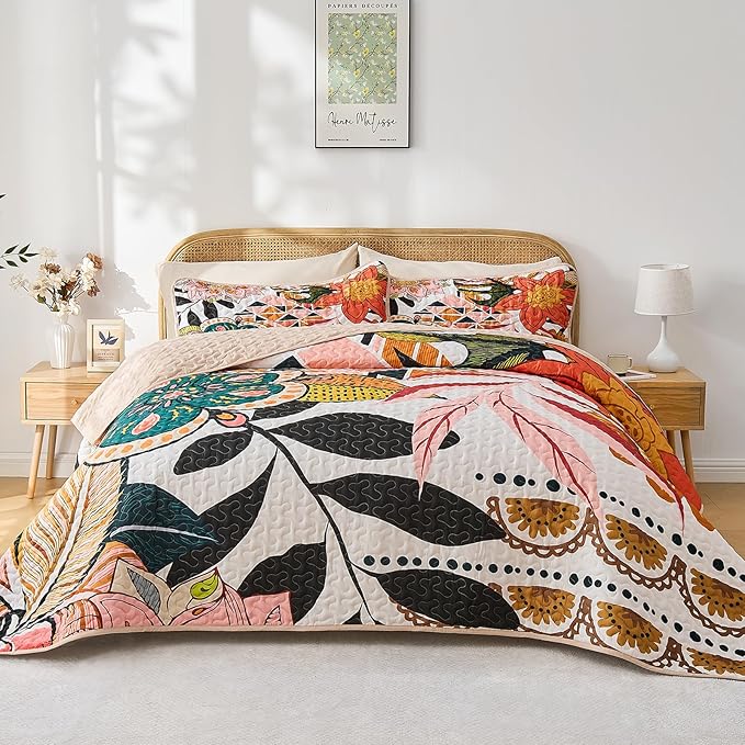 Quilt Set Twin Size, Boho Floral 2 Pcs Soft Bed Cover Bedding Set, Mid Century Flowers Lightweight Bedspread Coverlet with Pillow Sham for All Season