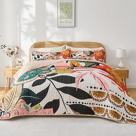 Quilt Set Twin Size, Boho Floral 2 Pcs Soft Bed Cover Bedding Set, Mid Century Flowers Lightweight Bedspread Coverlet with Pillow Sham for All Season