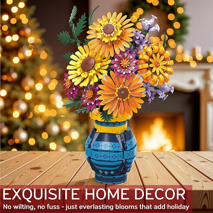 Flower Bouquet Building Blocks Set with Vase, Women Men Teen Girls Gifts for Christmas, 1065PCS Sunflower Botanical Collection Artificial Flower Decor Birthday Gifts for Her Him Wife Mom Grandma Adult