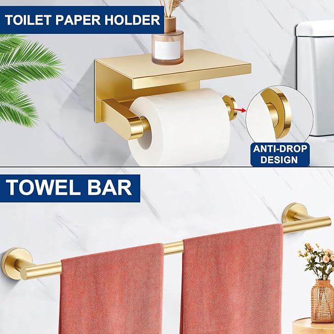 5 Pieces Brushed Gold Bathroom Hardware Accessories Set, SUS304 Stainless Steel 24 Inch Bath Towel Bar Set, Round Bathroom Towel Holder Set, Towel Racks for Bathroom Wall Mounted