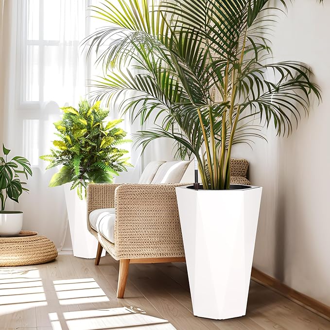 22.4 Inch Tall Planters for Outdoor Indoor Plants Set of 2, Tapered Large Flower Pots with 2 Trays and a Water Level Monitor with Wheels Planter Pots, Plant Pot for Patio, Balcony, Lounge