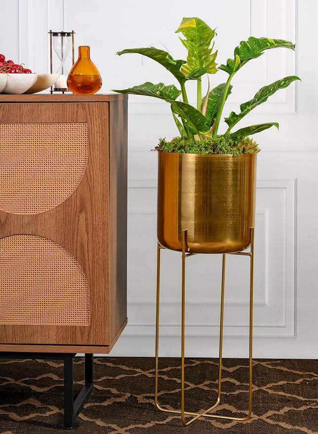 Serene Spaces Living Tall Gold Planter with Detachable Metal Stand - Modern Mid Century Decorative Indoor Plant Pot - Large Floor Planter for Living Room, Kitchen, Office - 26" H x 9.25" Diameter