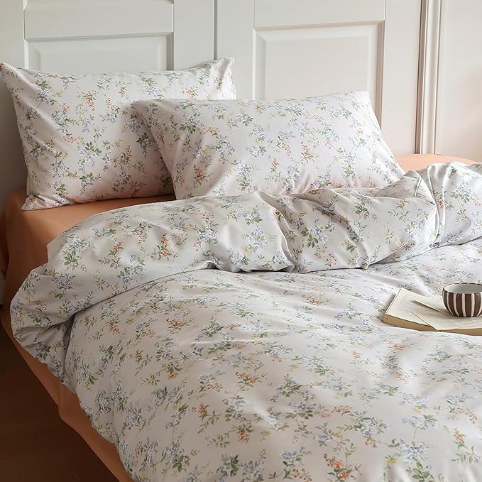 HighBuy Lightweight Cotton Floral Duvet Cover Twin XL Yellow Blue Floral Pattern Bedding Set Twin XL Vintage Boho Floral Comforter Cover 2 Pillowcases Aesthetic Green Botanical Duvet Cover Set