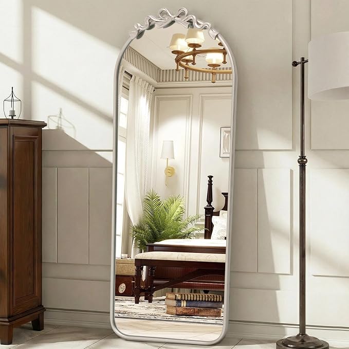 Besdomus Arched Mirror Full Length: 21"x56" Bow Champagne Silver Large Floor Standing Mirror - Antique Baroque Traditional Ornate for Entryway/Cloakroom/Bedroom - Home Decor for Fashion-Conscious