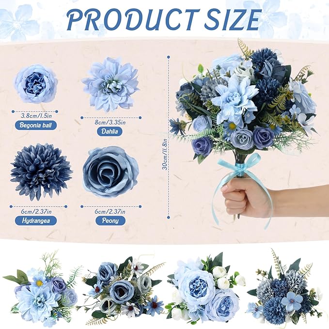 Zeyune 12 Bundles Artificial Peonies Flowers Artificial Silk Rose Faux Dahlia Fake Chamomile Hydrangea Bouquet Bulk for Vase Home Wedding Centerpiece Party Decoration(Indigo,Gradient Blue)