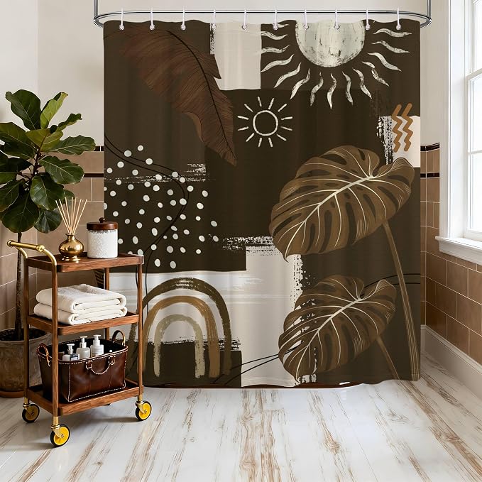 Dark Brown Mid Century Modern Shower Curtain Boho Abstract Khaki Earth Tone Shower Curtains for Bathroom Decor Sets, Waterproof Cloth Fabric with Hooks, 60 x 72 Inch