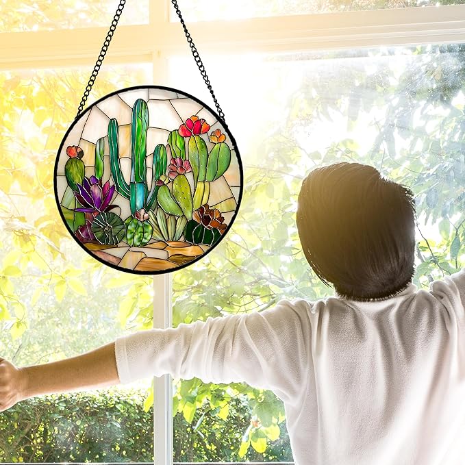 Stained Glass Window Hanging, White Green Cactus Suncatcher Diamond Glass Panel Hangings Sun Catchers Decor for Birthday for Women, Men, Wife, Aunt, and Mom 11.8x11.8 in