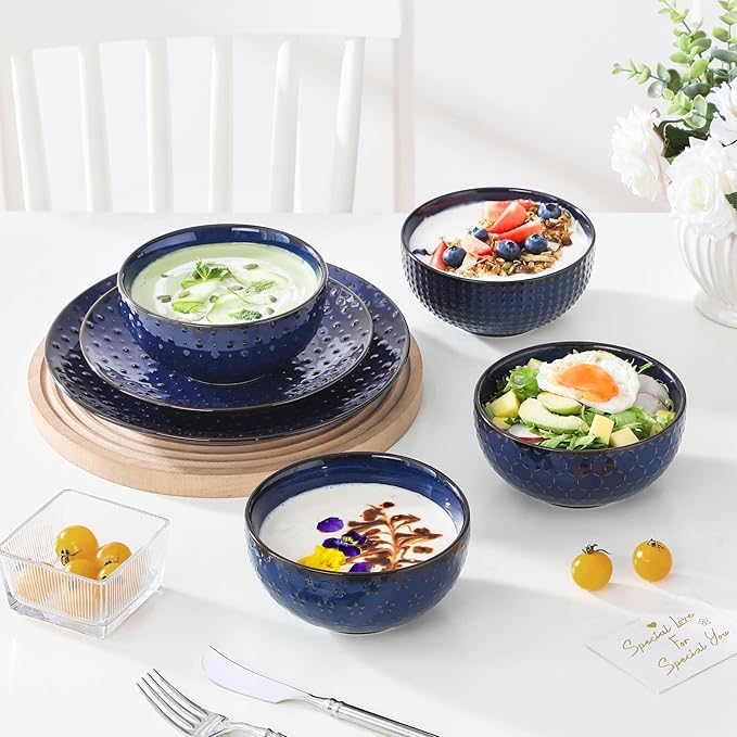 MALACASA 12 Pieces Dinnerware Sets, Modern Plates and Bowls Sets, Blue Dish Set for 4, Kitchen Ceramic Dinner Plates Dishware Set, Microwave and Dishwasher Safe, Series LYDIA
