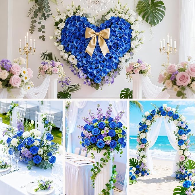 22 Pcs Artificial Roses - Realistic Velvet Flowers with Stems, Bulk Faux Roses for Home Wedding Party Decor (Blue)