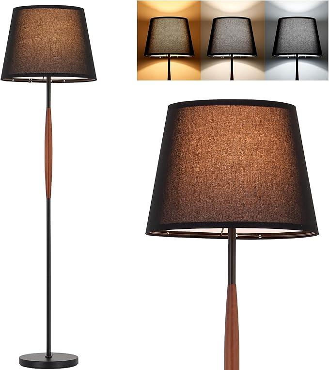 ELYONA Mid Century Modern Floor Lamp, Solid Wood Reading Standing Lamp with Black Linen Fabric Shade, Vintage Corner Light for Living Room Bedroom Office 3 Color Temperatures 9W Bulbs Included, Walnut
