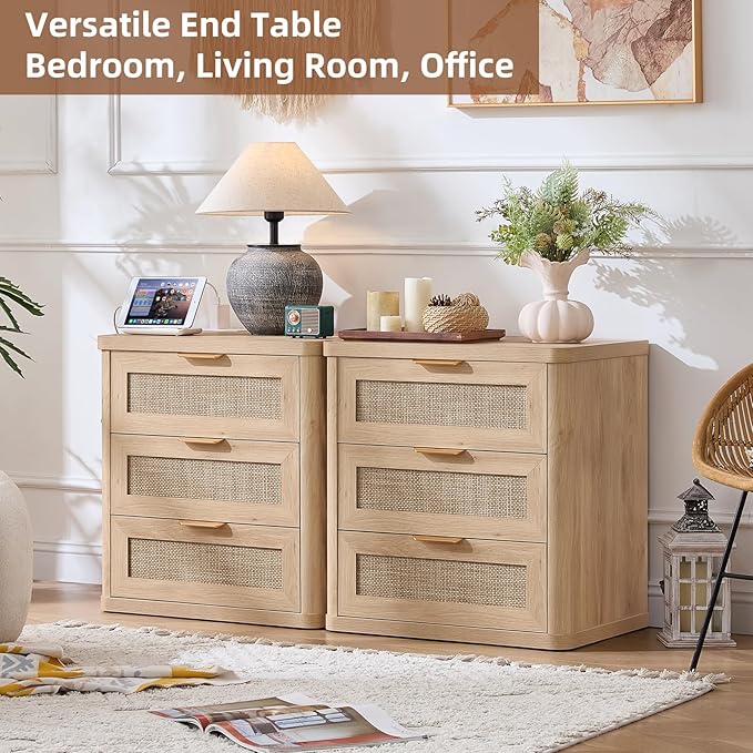 LEYAOYAO Rattan Night Stand with Charger Station, 23" Large 3 Drawer Boho Nightstand, Natural Wood Bedside Table Storage Cabinet, Bed Side End Tables for Bedroom, Living Room, Hallway